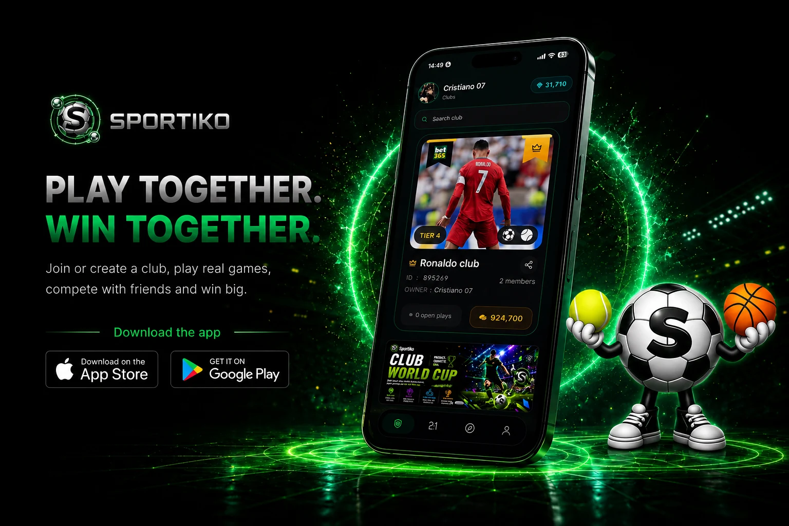 Sportiko — play together, win together. Download on the App Store and Google Play.